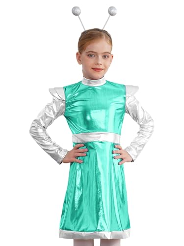 Eandarui Kinder Mädchen Alien Kostüm Metallic Partykleid Langarm Midikleid Mit Alien Stirnband 2tlg Cosplay Verkleidung Für Halloween Karneval Minzgrün 122-128 von Eandarui