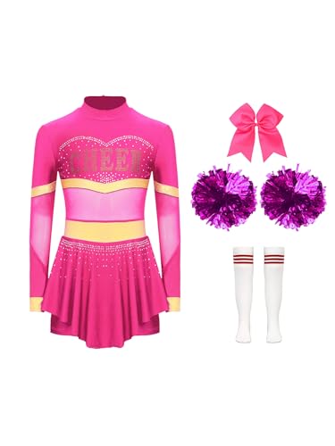 Eandarui Kinder Mädchen Cheer Leader Kostüm Langarm Schumädchen Kleid Strass Glitzer Cheerleading Uniform Mit Pompons Haarband Strümpfe Tanzkostüm Hot Pink A 134-140 von Eandarui