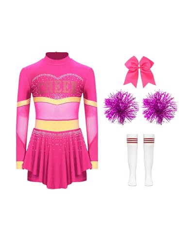 Eandarui Kinder Mädchen Cheer Leader Kostüm Langarm Schumädchen Kleid Strass Glitzer Cheerleading Uniform Mit Pompons Haarband Strümpfe Tanzkostüm Pink B 122-128 von Eandarui