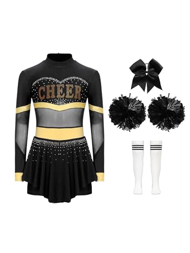 Eandarui Kinder Mädchen Cheer Leader Kostüm Langarm Schumädchen Kleid Strass Glitzer Cheerleading Uniform Mit Pompons Haarband Strümpfe Tanzkostüm Schwarzes B 122-128 von Eandarui