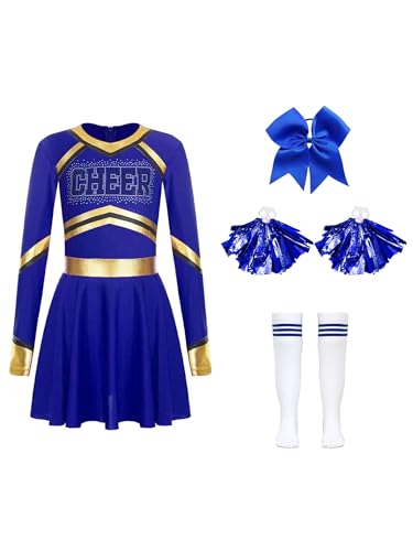 Eandarui Kinder Mädchen Cheer Leader Kostüm Langarm Strass Glitzer Tanzkleid Mit Pompons Haarband Strümpfe 4tlg Cheerleading Training Outfit Faschingskostüm Blau 122-128 von Eandarui