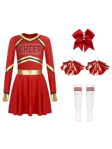 Eandarui Kinder Mädchen Cheer Leader Kostüm Langarm Strass Glitzer Tanzkleid Mit Pompons Haarband Strümpfe 4tlg Cheerleading Training Outfit Faschingskostüm Rot 170 von Eandarui