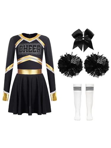 Eandarui Kinder Mädchen Cheer Leader Kostüm Langarm Strass Glitzer Tanzkleid Mit Pompons Haarband Strümpfe 4tlg Cheerleading Training Outfit Faschingskostüm Weiß schwarz 122-128 von Eandarui