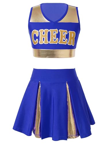 Eandarui Kinder Mädchen Cheer Leader Kostüm Metallic Glitzer Tanz Shirt Bauchfrei Oberteil Mit CHEER Print High Waist Faltenrock A Linien Tanzrock Sportswear Blau 146-152 von Eandarui