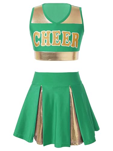 Eandarui Kinder Mädchen Cheer Leader Kostüm Metallic Glitzer Tanz Shirt Bauchfrei Oberteil Mit CHEER Print High Waist Faltenrock A Linien Tanzrock Sportswear Grün 110-116 von Eandarui