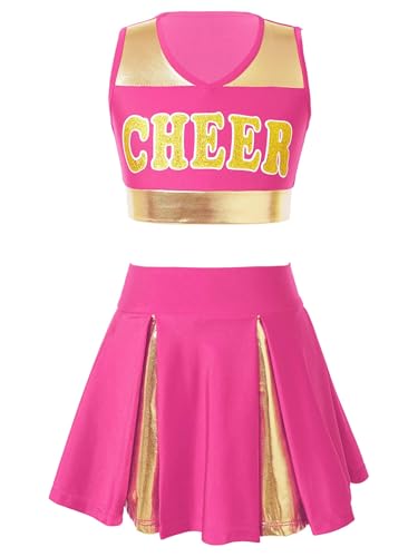 Eandarui Kinder Mädchen Cheer Leader Kostüm Metallic Glitzer Tanz Shirt Bauchfrei Oberteil Mit CHEER Print High Waist Faltenrock A Linien Tanzrock Sportswear Hot Pink 134-140 von Eandarui