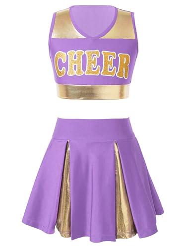 Eandarui Kinder Mädchen Cheer Leader Kostüm Metallic Glitzer Tanz Shirt Bauchfrei Oberteil Mit CHEER Print High Waist Faltenrock A Linien Tanzrock Sportswear Lavendel 122-128 von Eandarui