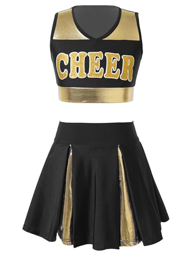 Eandarui Kinder Mädchen Cheer Leader Kostüm Metallic Glitzer Tanz Shirt Bauchfrei Oberteil Mit CHEER Print High Waist Faltenrock A Linien Tanzrock Sportswear Schwarz 122-128 von Eandarui