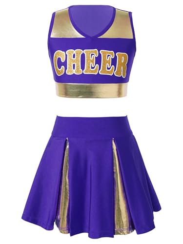 Eandarui Kinder Mädchen Cheer Leader Kostüm Metallic Glitzer Tanz Shirt Bauchfrei Oberteil Mit CHEER Print High Waist Faltenrock A Linien Tanzrock Sportswear Violett 134-140 von Eandarui