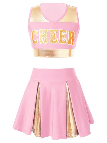 Eandarui Kinder Mädchen Cheer Leader Kostüm Metallic Glitzer Tanz Shirt Bauchfrei Oberteil Mit CHEER Print High Waist Faltenrock A Linien Tanzrock Sportswear Hell-Pink 134-140 von Eandarui