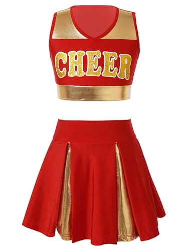 Eandarui Kinder Mädchen Cheer Leader Kostüm Metallic Glitzer Tanz Shirt Bauchfrei Oberteil Mit CHEER Print High Waist Faltenrock A Linien Tanzrock Sportswear Rot 110-116 von Eandarui