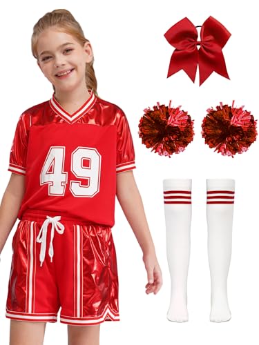 Eandarui Kinder Mädchen Cheer Leader Outfit Kurzarm Shirt Metallic Patchwork Shorts Mit Schleife Stirnband Pompons Strümpfe 5tlg Tanzkostüm Rot 146-152 von Eandarui