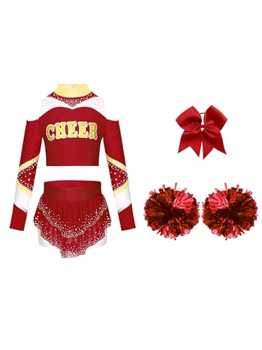 Eandarui Kinder Mädchen Fasching Kostüm Cheerleaderin Kleid Langarm Tanz Top Kurz Mit Stass Glitzer Minirock Schleife Stirnband Pompons Dancewear Burgundy 122-128 von Eandarui