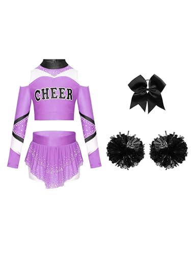 Eandarui Kinder Mädchen Fasching Kostüm Cheerleaderin Kleid Langarm Tanz Top Kurz Mit Stass Glitzer Minirock Schleife Stirnband Pompons Dancewear Hellviolett und Schwarz 122-128 von Eandarui