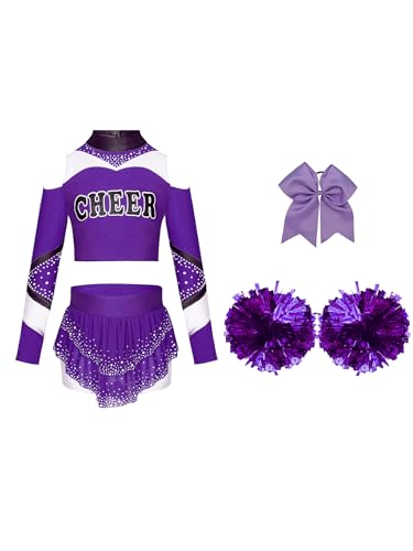 Eandarui Kinder Mädchen Fasching Kostüm Cheerleaderin Kleid Langarm Tanz Top Kurz Mit Stass Glitzer Minirock Schleife Stirnband Pompons Dancewear Violett 110-116 von Eandarui