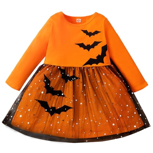 Eandarui Kinder Mädchen Kürbis Kleid Halloween Fledermaus Partykleid A Linien Festlich Langarm Pullover Mit Glitzer Sterne Tüllschicht Rock Für 86-116 Orange 92-98 von Eandarui