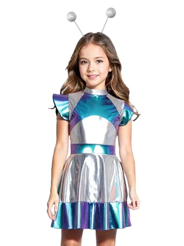 Eandarui Kinder Mädchen Metallic Kleid Glitzer Partykleid Patchwork Faltenkleid Mit Fliegenärmel Alien haarband Spacegirl Kostüm Für Fasching Karneval Blau 122-128 von Eandarui