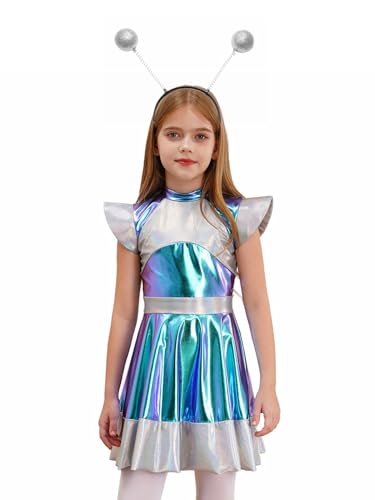 Eandarui Kinder Mädchen Metallic Kleid Glitzer Partykleid Patchwork Faltenkleid Mit Fliegenärmel Alien haarband Spacegirl Kostüm Für Fasching Karneval Silber 134-140 von Eandarui