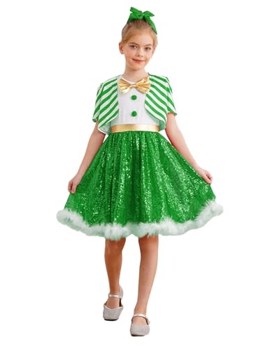 Eandarui Kinder Mädchen Weihnachten Kostüm Ärmellos Partykleid Pailletten A Linien Rock Mit Federbesatz Kurzarm Streifen Cardigan Bolero Weihnachtsoutfit Grün 146-152 von Eandarui