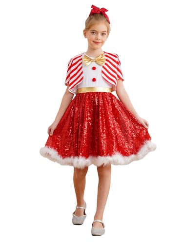 Eandarui Kinder Mädchen Weihnachten Kostüm Ärmellos Partykleid Pailletten A Linien Rock Mit Federbesatz Kurzarm Streifen Cardigan Bolero Weihnachtsoutfit Rot 146-152 von Eandarui