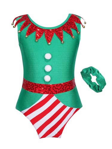 Eandarui Kinder Mädchen Weihnachten Kostüm Pailletten Glitzer Body Streifen Patchwork Overall Kurz Jumpsuit Mit Haarband Weihnachtsoutfit Grün 110-116 von Eandarui