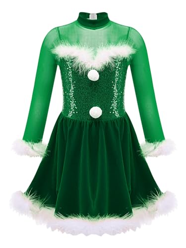 Eandarui Kinder Mädchen Weihnachtskleid Pailletten Ballettkleid Langarm Eiskunstlauf Kleid Glänzend Federbesatz Partykleid A Linien Prinzessin Kostüm Grün 110-116 von Eandarui