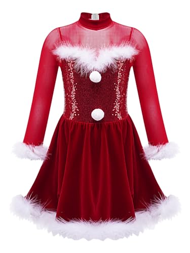 Eandarui Kinder Mädchen Weihnachtskleid Pailletten Ballettkleid Langarm Eiskunstlauf Kleid Glänzend Federbesatz Partykleid A Linien Prinzessin Kostüm Rot 110-116 von Eandarui