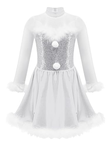 Eandarui Kinder Mädchen Weihnachtskleid Pailletten Ballettkleid Langarm Eiskunstlauf Kleid Glänzend Federbesatz Partykleid A Linien Prinzessin Kostüm Weiß 134-140 von Eandarui