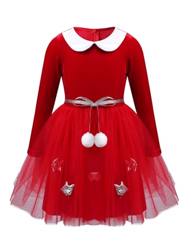 Eandarui Kinder Mädchen Weihnachtskostüm Langarm Puppenkragen Partykleid A Linien Winterkleid Festliches Abendkleid Mit Tutu Tüllrock Gr. 92-164 Rot 140 von Eandarui