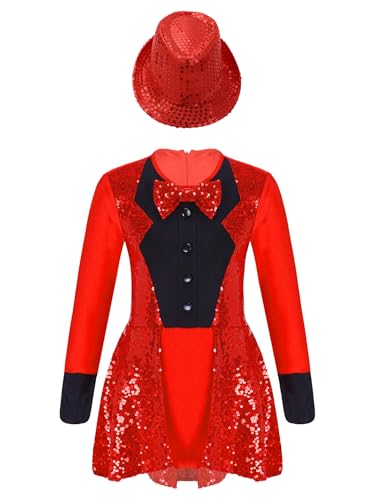 Eandarui Kinder Mädchen Zauberer Kostüm Langarm Tanzkleid Pailletten Glitzer Zirkus Kleid Mit Fedora Hut Wettebwerb Performance Bekleidung Rot 110-116 von Eandarui