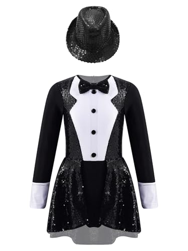 Eandarui Kinder Mädchen Zauberer Kostüm Langarm Tanzkleid Pailletten Glitzer Zirkus Kleid Mit Fedora Hut Wettebwerb Performance Bekleidung Schwarz 110-116 von Eandarui