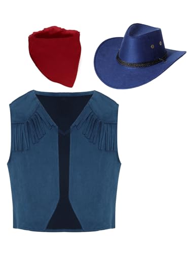 Eandarui Kinder Western Weste Cowboy Kostüm Junge Ärmellos Fransen Quaste Wildleder Jacke Mit Cowboy Hut Kopftuch Für Fasching Karneval Marineblau 146-152 von Eandarui