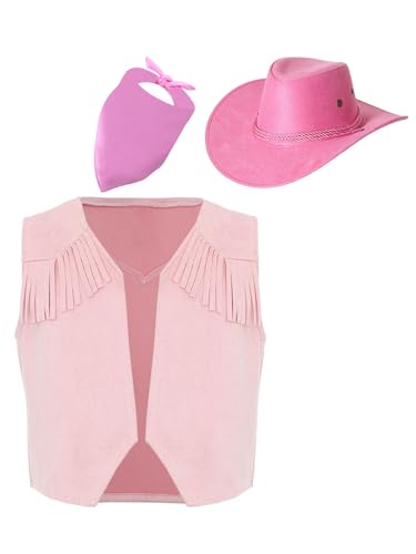 Eandarui Kinder Western Weste Cowboy Kostüm Junge Ärmellos Fransen Quaste Wildleder Jacke Mit Cowboy Hut Kopftuch Für Fasching Karneval Rosa 146-152 von Eandarui