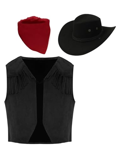 Eandarui Kinder Western Weste Cowboy Kostüm Junge Ärmellos Fransen Quaste Wildleder Jacke Mit Cowboy Hut Kopftuch Für Fasching Karneval Schwarz 146-152 von Eandarui