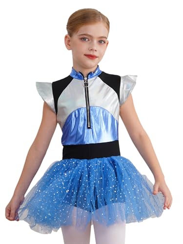 Eandarui Mädchen Metallic Kleid Kinder Astronaut Space Girl Kostüm Fliegen Ärmel Ballettkleid Patchwork Ballettanzug Mit Tutu Tüllrock Dancewear Blau 110-116 von Eandarui