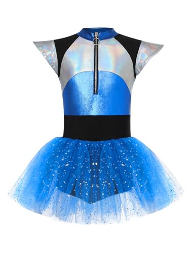 Eandarui Mädchen Metallic Kleid Kinder Astronaut Space Girl Kostüm Fliegen Ärmel Ballettkleid Patchwork Ballettanzug Mit Tutu Tüllrock Dancewear Blau 134-140 von Eandarui