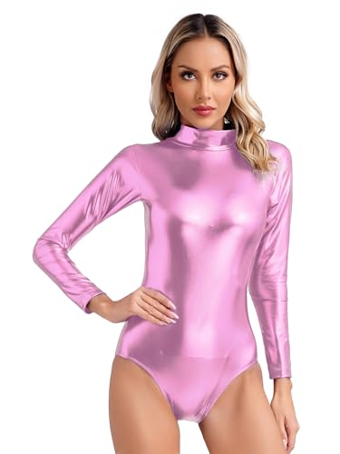 Eandarui Metallic Bodysuit Damen Langarm Catsuit Stehkragen Overall Kurz Jumpsuit Einteiler Badeanzug Holographic Festival Alien Space Girl Outfit Rosa XS von Eandarui