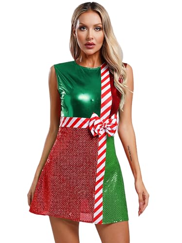 Eandarui Miss Santa Claus Kleid Damen Weihnachtselfen Zuckerstangen Kostüm Metallic Glitzer Partykleid Streifen Patchwork Tanzkleid Weihnachtsoutfit Grün L von Eandarui