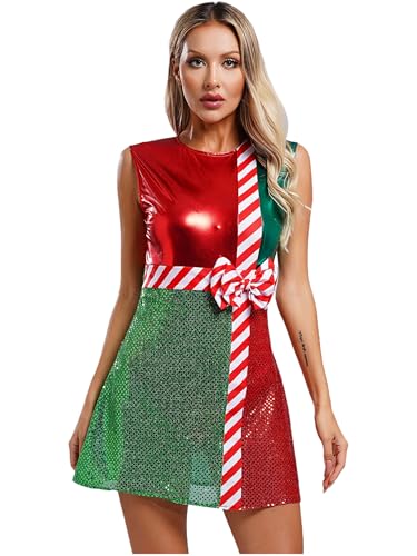 Eandarui Miss Santa Claus Kleid Damen Weihnachtselfen Zuckerstangen Kostüm Metallic Glitzer Partykleid Streifen Patchwork Tanzkleid Weihnachtsoutfit Rot XXL von Eandarui