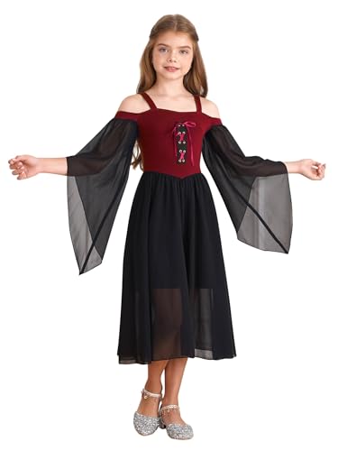 Eandarui Mittelalter Kleid Mädchen Renaissance Retro Partykleid Trompetenärmel Abendkleid Festlich Punk Gothic Viktorianisch Kostüm Burgundy 134-140 von Eandarui