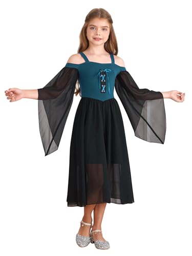 Eandarui Mittelalter Kleid Mädchen Renaissance Retro Partykleid Trompetenärmel Abendkleid Festlich Punk Gothic Viktorianisch Kostüm Dunkelblau 122-128 von Eandarui