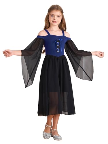 Eandarui Mittelalter Kleid Mädchen Renaissance Retro Partykleid Trompetenärmel Abendkleid Festlich Punk Gothic Viktorianisch Kostüm Königsblau 134-140 von Eandarui