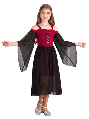 Eandarui Mittelalter Kleid Mädchen Renaissance Retro Partykleid Trompetenärmel Abendkleid Festlich Punk Gothic Viktorianisch Kostüm Rot 110-116 von Eandarui