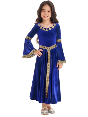 Eandarui Mittelalterliches Kleid Mit Trompetenärmeln Kinder Mädchen Viktorianisch Königin Kostüm Festliches Aldes Kleid Samtkleid Lang Prinzessin Blau 110-116 von Eandarui