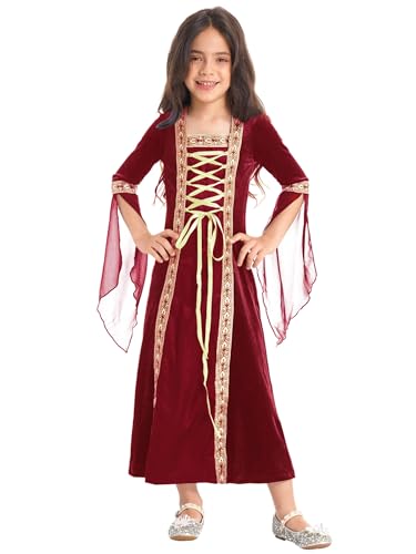 Eandarui Mittelalterliches Kleid Mit Trompetenärmeln Kinder Mädchen Viktorianisch Königin Kostüm Festliches Aldes Kleid Samtkleid Lang Prinzessin Burgundy Schnür 110-116 von Eandarui