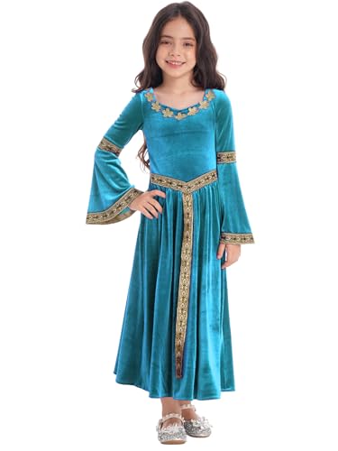 Eandarui Mittelalterliches Kleid Mit Trompetenärmeln Kinder Mädchen Viktorianisch Königin Kostüm Festliches Aldes Kleid Samtkleid Lang Prinzessin Hellblau 158-164 von Eandarui