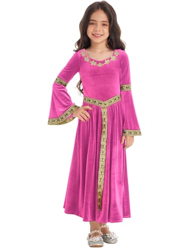 Eandarui Mittelalterliches Kleid Mit Trompetenärmeln Kinder Mädchen Viktorianisch Königin Kostüm Festliches Aldes Kleid Samtkleid Lang Prinzessin Hot Pink 122-128 von Eandarui