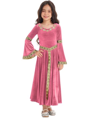 Eandarui Mittelalterliches Kleid Mit Trompetenärmeln Kinder Mädchen Viktorianisch Königin Kostüm Festliches Aldes Kleid Samtkleid Lang Prinzessin Rosa 170-176 von Eandarui