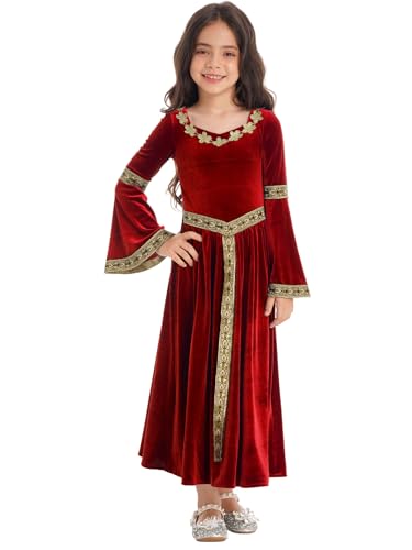 Eandarui Mittelalterliches Kleid Mit Trompetenärmeln Kinder Mädchen Viktorianisch Königin Kostüm Festliches Aldes Kleid Samtkleid Lang Prinzessin Rot 170-176 von Eandarui