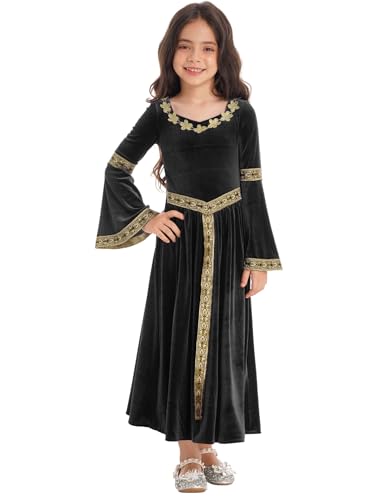 Eandarui Mittelalterliches Kleid Mit Trompetenärmeln Kinder Mädchen Viktorianisch Königin Kostüm Festliches Aldes Kleid Samtkleid Lang Prinzessin Schwarz 134-140 von Eandarui